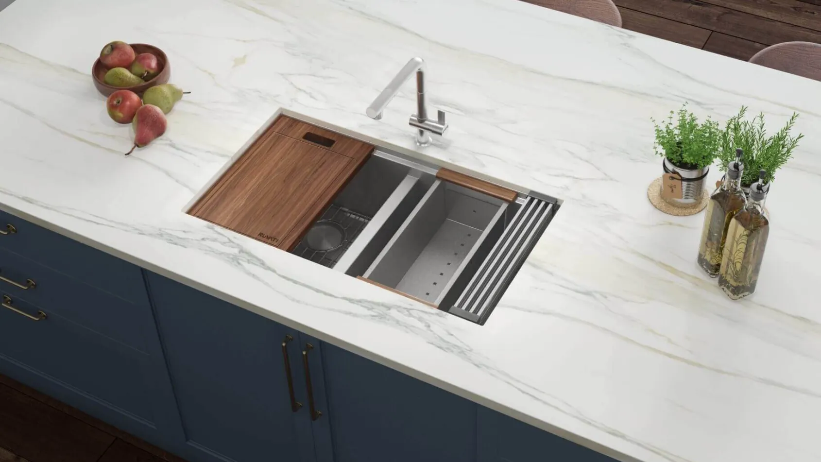 Ruvati Roma 36" Undermount Stainless Steel Workstation Kitchen Sink, 60/40 Double Bowl, 16 Gauge, RVH8359
