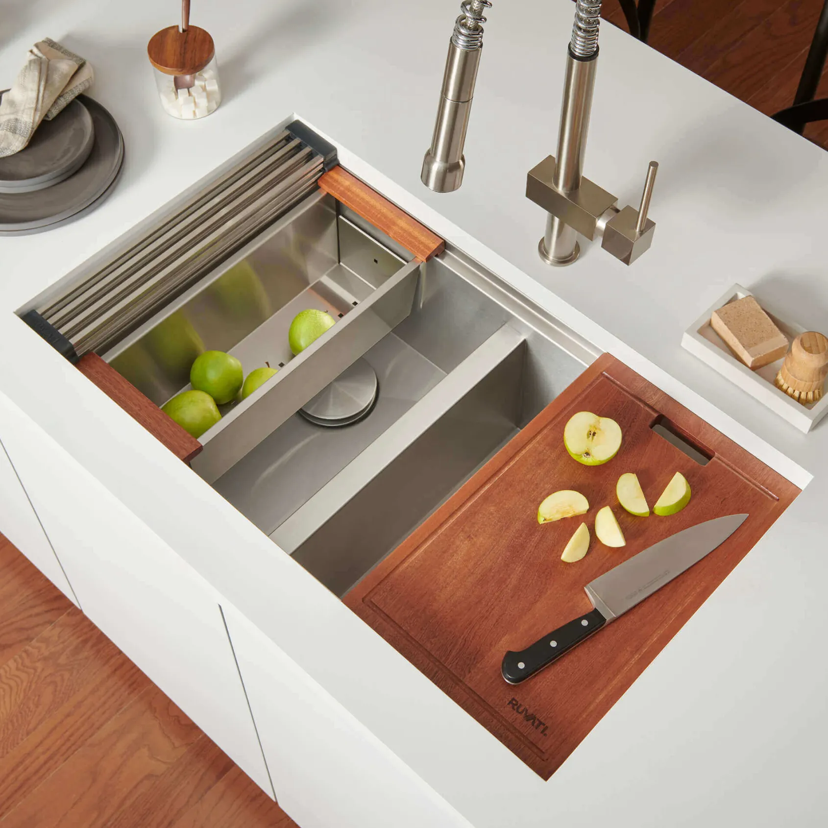 Ruvati Roma 28" Undermount Stainless Steel Workstation Kitchen Sink, 60/40 Low Divide Double Bowl, 16 Gauge, RVH8341