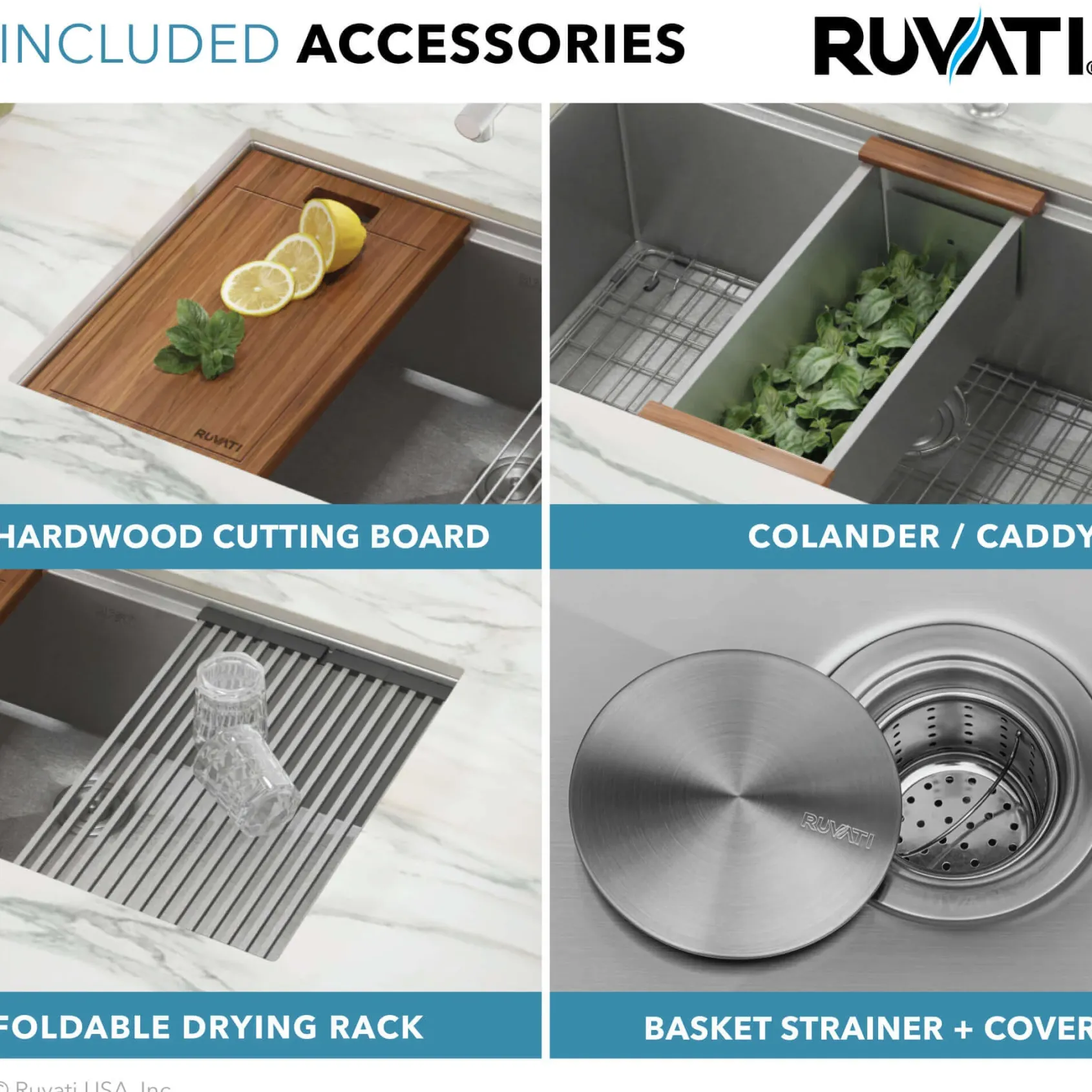 Ruvati Roma 28" Undermount Stainless Steel Workstation Kitchen Sink, 60/40 Low Divide Double Bowl, 16 Gauge, RVH8341
