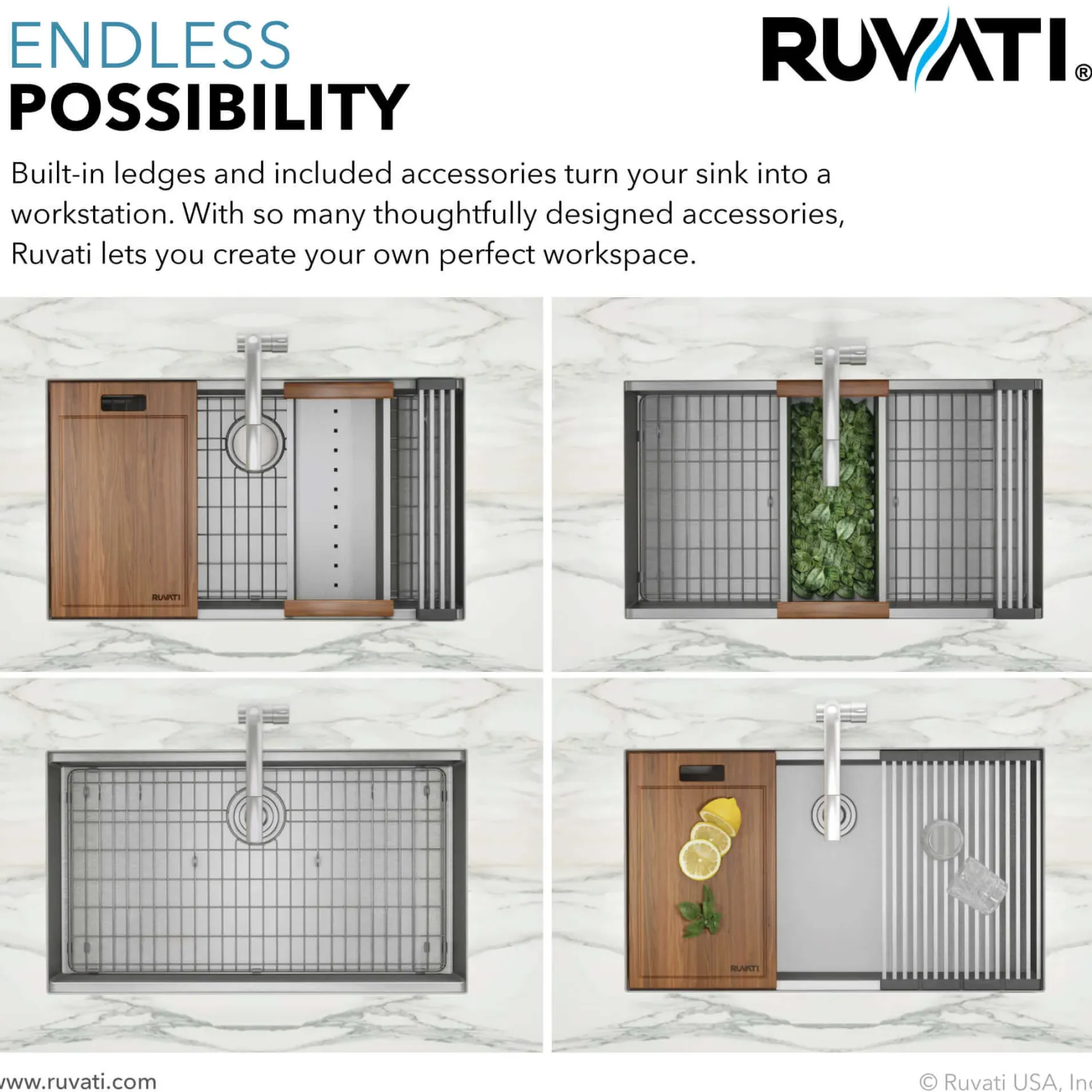 Ruvati Roma 28" Undermount Stainless Steel Workstation Kitchen Sink, 60/40 Low Divide Double Bowl, 16 Gauge, RVH8341