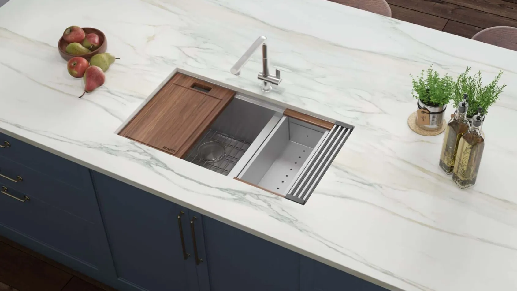 Ruvati Roma 28" Undermount Stainless Steel Workstation Kitchen Sink, 60/40 Low Divide Double Bowl, 16 Gauge, RVH8341