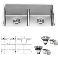 Ruvati Urbana 32" Undermount Stainless Steel Kitchen Sink, 50/50 Low Divide Double Bowl, 16 Gauge, Rounded Corners, RVH7411