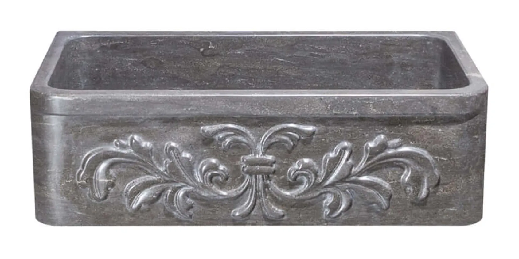 33" Smoke Brown Limestone Farmhouse Kitchen Sink, Floral Carving Front, Single Bowl, KF332010SB-F2-BLN