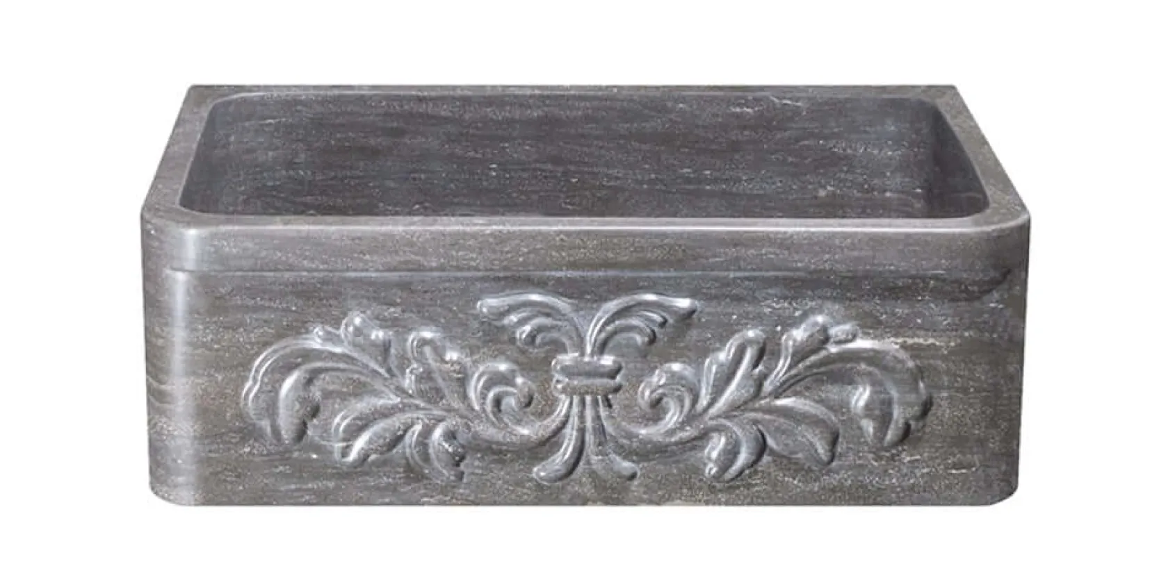 30" Smoke Brown Limestone Farmhouse Kitchen Sink, Floral Carving Front, Single Bowl, KF302010SB-F2-BLN