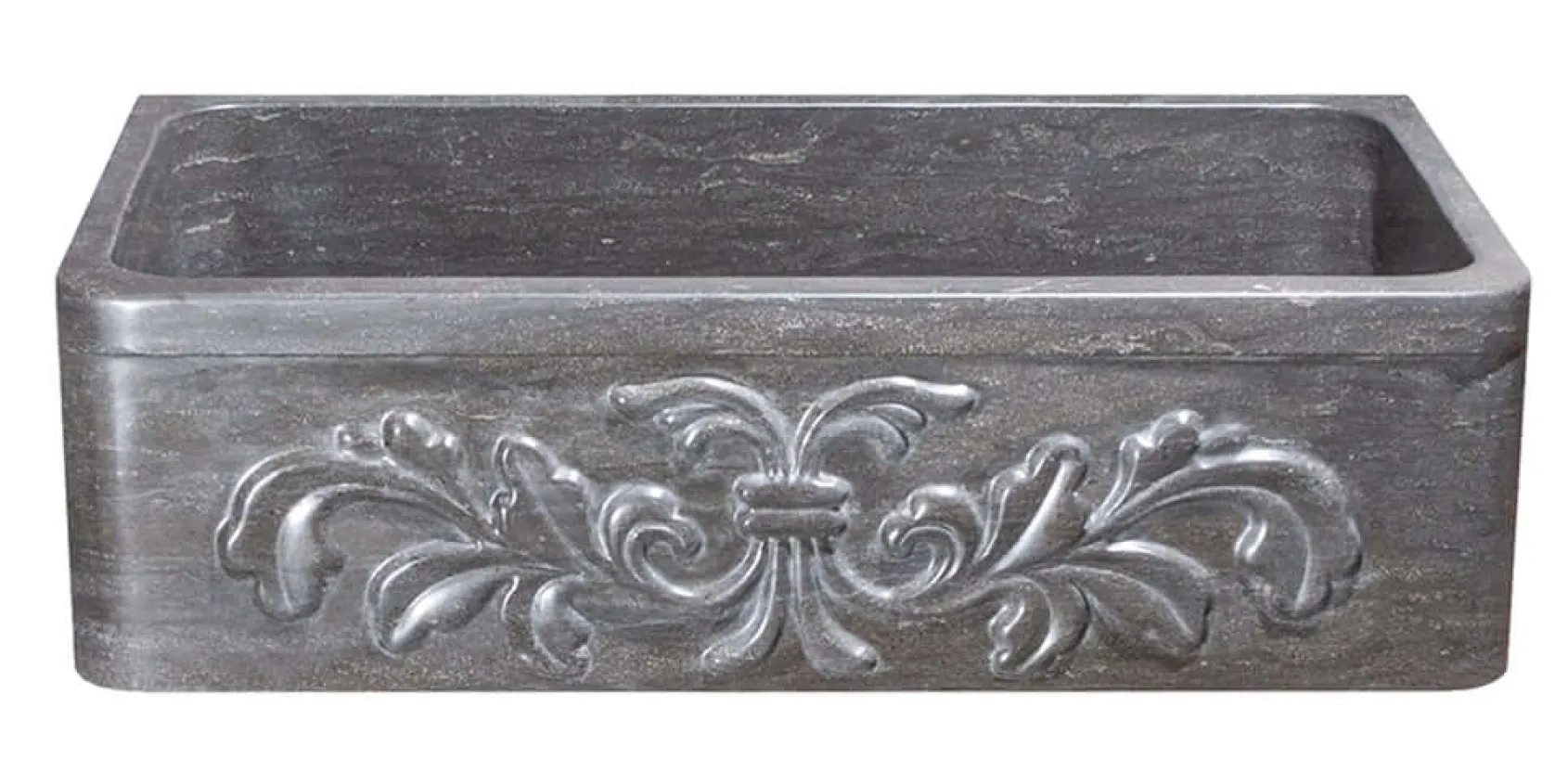 36" Smoke Brown Limestone Farmhouse Kitchen Sink, Floral Carving Front, Single Bowl, KF362010SB-F2-BLN