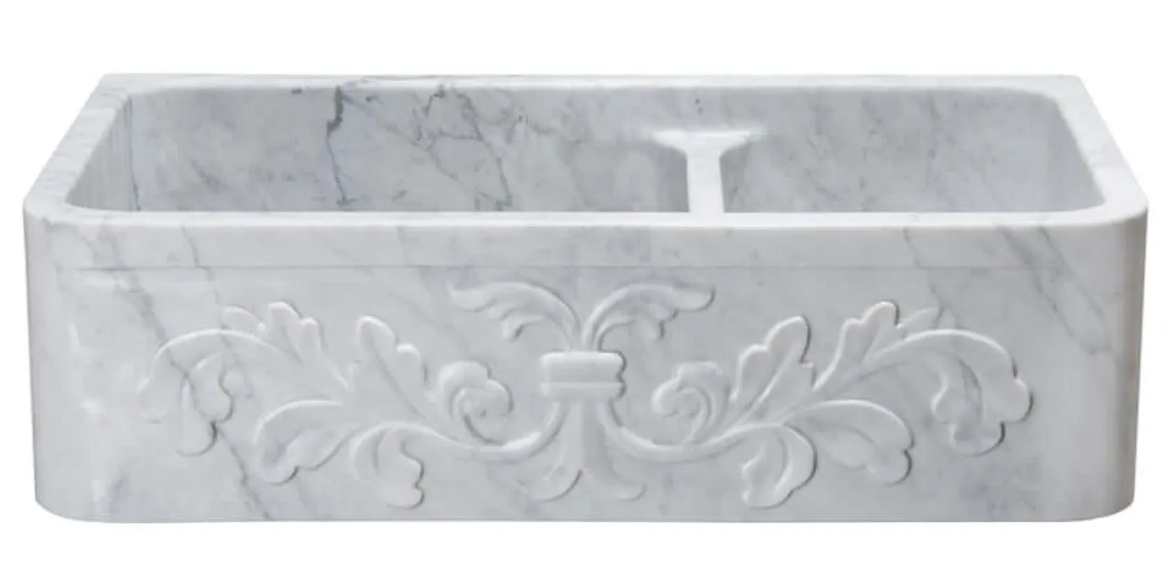 36" Stone 60/40 Double Bowl Farmhouse Sink, Design Apron Front, Carrara Marble, White, KF362010DB-F2-6040-CW