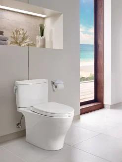 TOTO Nexus Two-Piece Elongated 1.28 GPF Universal Height Toilet with CEFIONTECT and SS124 SoftClose Seat, WASHLET+ Ready, Cotton White, Vitreous China, MS442124CEFG#01