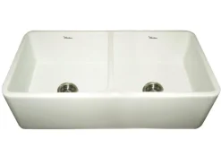 Whitehaus 36" Fireclay Double Bowl Farmhouse Apron Sink, Reversibe, Biscuit, WH3719